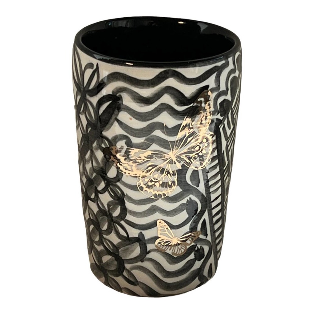 Tumbler in Black & White with Genuine Gold Butterflies/Pen-Pencil Holder